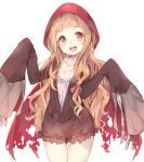  1girl commentary_request cosplay highres hood ichihara_nina idolmaster idolmaster_cinderella_girls little_red_riding_hood little_red_riding_hood_(cosplay) long_hair looking_at_viewer manatsuki_manata open_mouth sleeves_past_wrists solo white_background 