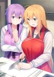  2girls antenna_hair apron bangs blonde_hair breasts closed_mouth collarbone cooking dacchi eyebrows_visible_through_hair green_eyes hair_between_eyes highres kitchen knife large_breasts long_hair long_sleeves low_twintails medium_breasts multiple_girls open_mouth purple_hair school_uniform serafuku slicing smile teeth tsurumaki_maki twintails violet_eyes vocaloid voiceroid yuzuki_yukari 