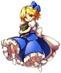  1girl alice_margatroid alice_margatroid_(pc-98) baba_(baba_seimaijo) blonde_hair blue_bow blue_skirt blush bobby_socks book book_hug bow frilled_skirt frills full_body grimoire_of_alice hair_bow highres holding holding_book looking_at_viewer open_mouth puffy_short_sleeves puffy_sleeves short_sleeves skirt socks solo suspender_skirt suspenders touhou touhou_(pc-98) yellow_eyes 