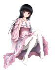  1girl absurdres black_hair blouse blush breasts cherry_blossoms closed_mouth floral_print full_body highres hime_cut houraisan_kaguya kagi_f long_hair long_sleeves looking_at_viewer medium_breasts pantyhose pink_blouse red_eyes sidelocks smile solo touhou very_long_hair white_legwear wide_sleeves 