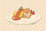  dog food ketchup mojacookie no_humans omurice plate shiba_inu signature striped striped_background tomato 