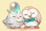  2others adorable animal artist_name bird closed_eyes creatures_(company) crossover cute feathered_wings feh_(fire_emblem_heroes) female fire_emblem fire_emblem_heroes game_freak intelligent_systems male nintendo no_humans olm_digital orb owl pokemon pokemon_(creature) pokemon_(game) pokemon_sm reddverse rowlet simple_background specie_connection super_smash_bros. super_smash_bros._ultimate super_smash_bros_brawl trait_connection wings yellow_background 