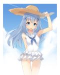  1girl arm_behind_back arm_up armpits blue_eyes blue_hair casual_one-piece_swimsuit clouds coffeiz_p covered_navel gochuumon_wa_usagi_desu_ka? hair_ornament hairclip hand_on_headwear hat headwear_removed highres kafuu_chino long_hair one-piece_swimsuit open_mouth outdoors see-through sky solo sun_hat swimsuit swimsuit_skirt thigh_gap white_swimsuit 