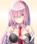  1girl alternate_hair_length alternate_hairstyle bare_shoulders breasts eyes_visible_through_hair fate/grand_order fate_(series) glasses hair_over_one_eye highres i.f.s.f lavender_hair long_hair looking_at_viewer medium_breasts necktie shielder_(fate/grand_order) smile solo upper_body violet_eyes 