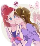 ! !! 2girls amanogawa_kirara blue_eyes blush brown_hair closed_mouth embarrassed go!_princess_precure haruno_haruka long_hair multiple_girls negom open_mouth precure redhead school_uniform short_hair speech_bubble spoken_exclamation_mark translation_request violet_eyes wavy_mouth yellow_hairband yuri