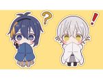  ! 2boys ? abandon_ranka blue_eyes blue_hair chibi hakama hands_in_sleeves japanese_clothes male_focus mikazuki_munechika multiple_boys touken_ranbu tsurumaru_kuninaga white_hair yellow_eyes 