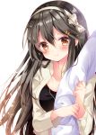  1girl admiral_(kantai_collection) arm_hug black_hair black_shirt blush bow brown_eyes closed_mouth collarbone commentary_request couple eyebrows_visible_through_hair hair_ornament hairband hairclip haruna_(kantai_collection) hetero jacket jewelry kantai_collection long_hair looking_at_viewer necklace nogi_takayoshi open_clothes open_jacket out_of_frame shiny shiny_hair shirt simple_background smile solo_focus tareme very_long_hair white_background white_bow white_hairband white_jacket 