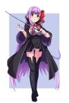  1girl absurdres bb_(fate/extra_ccc) black_legwear blush boots breasts cape fate/extra fate/extra_ccc fate/grand_order fate_(series) gloves hair_ribbon highres karahai_(31448823) long_hair looking_at_viewer purple_hair ribbon shiny shiny_clothes solo standing thigh-highs thigh_boots very_long_hair violet_eyes wand white_gloves 