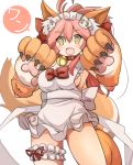  1girl animal_ears apron ass_visible_through_thighs bell bell_collar breasts collar fang fate/grand_order fate_(series) fox_ears fox_tail gia_(abab0707) hair_ribbon highres large_breasts long_hair looking_at_viewer maid_headdress naked_apron open_mouth paws pink_hair ribbon sideboob simple_background solo tail tamamo_(fate)_(all) tamamo_cat_(fate) translated white_background yellow_eyes 