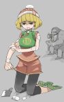  1boy 1girl arms_(game) axe bandage bangs beanie bike_shorts blonde_hair chinese_clothes food green_eyes hat highres leggings legwear_under_shorts mask master_mummy_(arms) min_min_(arms) monster_boy noodles short_hair shorts weapon 