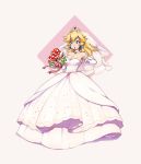  1girl ayshiun blonde_hair blue_eyes bouquet breasts bridal_veil choker cleavage dress earrings elbow_gloves flower gloves jewelry super_mario_bros. piranha_plant princess_peach solo super_mario_bros. super_mario_galaxy tiara veil wedding_dress white_dress 