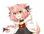  1boy animal_ears blush braid capelet cat_ears ear_wiggle fang fate/apocrypha fate_(series) fur_trim hair_ribbon long_hair looking_at_viewer open_mouth otoko_no_ko pink_hair red_eyes ribbon rider_of_black shika_tsui single_braid smile solo sweatdrop 