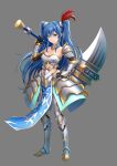  aqua_eyes armor blue_hair breasts cleavage commentary_request detached_sleeves elbow_gloves gloves grey_background hair_ornament long_hair official_art oshiro_project oshiro_project_re over_shoulder shamakho twintails weapon weapon_over_shoulder yodo_(oshiro_project) 