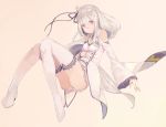  1girl ass bare_shoulders boots double-breasted emilia_(re:zero) full_body high_heels kikkaiki long_hair pink_background re:zero_kara_hajimeru_isekai_seikatsu revision simple_background smile solo thigh-highs thigh_boots violet_eyes white_boots white_hair white_legwear 