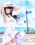  1girl armpits arms_up bangs brown_eyes brown_hair commentary_request crosswalk day dress hat head_tilt highres idolmaster idolmaster_cinderella_girls long_hair looking_at_viewer looking_to_the_side mizumoto_yukari outdoors road ryuu. smile solo street sun_hat sundress thighs traffic_light water white_dress wind wind_lift 