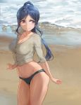  1girl beach bikini_bottom blue_hair blush breasts buttons cleavage closed_mouth collarbone highres large_breasts legs_together long_hair love_live! love_live!_sunshine!! matsuura_kanan navel ocean outdoors ponytail sand shiny shiny_skin shirt smile solo standing very_long_hair violet_eyes water white_shirt yohan1754 