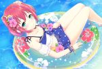  1girl :&gt; aqua_eyes blush bracelet eyebrows_visible_through_hair flower hair_flower hair_ornament innertube jewelry kurosawa_ruby looking_at_viewer love_live! love_live!_sunshine!! redhead short_hair short_twintails smile solo theeta twintails 