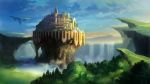  castle fantasy floating_island forest lake nature no_humans original scenery tree usada_yuh water 