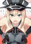 1girl angry bismarck_(kantai_collection) blonde_hair blue_eyes hands_on_hips highres kamelie kantai_collection leaning_forward looking_at_viewer open_mouth solo 