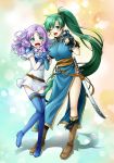  2girls armor blouse blue_background blush boots box breastplate breasts chocolate circlet dress elbow_gloves embarrassed fingerless_gloves fire_emblem fire_emblem:_rekka_no_ken fire_emblem_heroes florina full_body gift gift_box gloves green_eyes green_hair high_ponytail highres jewelry knees_together_feet_apart lavender_hair long_hair looking_at_viewer lyndis_(fire_emblem) multiple_girls one_leg_raised open_mouth ponytail short_hair smile standing sword thigh-highs thigh_boots very_long_hair weapon yuino_(fancy_party) zettai_ryouiki 