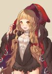  1girl adjusting_clothes ass_visible_through_thighs bangs blonde_hair blunt_bangs breasts brown_background cleavage cloak cowboy_shot eyebrows_visible_through_hair highres hood hooded_cloak little_red_riding_hood_(sinoalice) long_hair long_sleeves open_mouth simple_background sinoalice sjh very_long_hair 