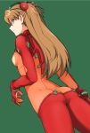  1girl arms_at_sides ass bodysuit bracer breasts brown_hair butt_crack closed_mouth dutch_angle evangelion:_2.0_you_can_(not)_advance from_side gloves glowing green_background green_eyes hairpods hatakenaka_(kamagabuchi) headgear highres long_hair looking_at_viewer looking_back medium_breasts multicolored multicolored_clothes neon_genesis_evangelion neon_trim pilot_suit plugsuit profile rebuild_of_evangelion see-through simple_background skin_tight solo souryuu_asuka_langley standing test_plugsuit thighs turtleneck two_side_up 