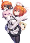  4girls ahoge arched_back bdsm black_legwear blonde_hair blush bondage bound bound_wrists breasts chibi commentary_request cowboy_shot embarrassed fate/grand_order fate_(series) fujimaru_ritsuka_(female) hair_ornament hair_over_one_eye hair_scrunchie jitome large_breasts looking_at_viewer miniskirt multiple_girls orange_eyes orange_hair pantyhose purple_hair recording restrained ririko_(zhuoyandesailaer) saber scrunchie shield shielder_(fate/grand_order) shiny shiny_clothes side_ponytail simple_background skirt sweat sword violet_eyes weapon white_background 