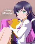  1girl absurdres bed birthday blush green_eyes highres looking_at_viewer love_live! love_live!_school_idol_project object_hug pajamas purple_hair remchi sitting sleepwear smile solo stuffed_fox stuffed_toy text toujou_nozomi 