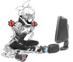  1boy arms_(game) chains controller game_console game_controller gameplay_mechanics goggles indian_style joy-con long_arms male_focus mask ninjara_(arms) nintendo_switch ponytail scarf simple_background sitting solo spot_color sunoko24 television unamused white_background 