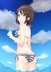  1girl a-1_pictures absurdres ass back bikini brown_eyes brown_hair cowboy_shot cute day from_behind fujimi_shobo highres kadokawa_shoten katou_megumi looking_at_viewer looking_back moe ocean outdoors saenai_heroine_no_sodatekata short_hair sky solo splash splashing square_enix striped striped_bikini swimsuit water yuu_(yu1104o) 