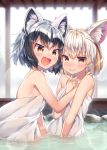  2girls :d animal_ears backlighting bangs bare_arms bare_shoulders black_hair blonde_hair blush breasts brown_eyes closed_mouth commentary_request common_raccoon_(kemono_friends) eyebrows_visible_through_hair fang fennec_(kemono_friends) fox_ears grey_hair hand_on_another&#039;s_chest hand_on_another&#039;s_shoulder highres kemono_friends lens_flare looking_at_viewer multicolored_hair multiple_girls naked_towel ntk_(7t5) onsen open_mouth partially_submerged pink_hair raccoon_ears rock shiny shiny_skin short_hair sideboob slit_pupils small_breasts smile streaked_hair towel water white_hair 