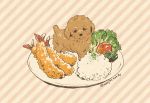  dog food mojacookie no_humans plate poodle salad signature striped striped_background tempura tomato 