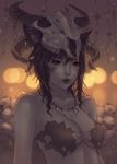  1girl animal_ears bare_shoulders bikini_top breasts brown_eyes brown_hair cat_ears cleavage ear_piercing earrings facial_mark final_fantasy final_fantasy_xiv freckles horns jewelry lip_piercing long_hair medium_breasts miqo&#039;te necklace piercing skull skull_hat solo soranamae upper_body 