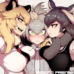  3girls :/ animal_ears antlers bangs black_eyes black_hair blonde_hair blush breast_press breasts closed_mouth collared_shirt eyebrows eyebrows_visible_through_hair fangs fishine fur_collar green_eyes grey_hair grey_necktie grey_shirt hair_between_eyes half-closed_eyes hand_on_another&#039;s_head head_wings highres kemono_friends large_breasts lion_(kemono_friends) lion_ears long_hair looking_at_another looking_at_viewer low_ponytail moose_(kemono_friends) moose_ears multicolored_hair multiple_girls necktie open_mouth shirt shoebill_(kemono_friends) side_ponytail smile sweat wavy_mouth wide-eyed yellow_eyes 