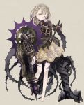  1girl armor axe bangs barefoot braid closed_mouth crown_braid expressionless eyebrows_visible_through_hair fantasy full_body grey_background grey_eyes grey_hair holding holding_weapon looking_at_viewer one_eye_closed oro_ponzu puppet simple_background sinoalice solo standing weapon 