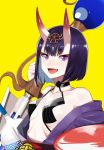  1girl bangs breasts fang fate/grand_order fate_(series) headpiece highres holding holding_sword holding_weapon looking_at_viewer nesume open_mouth purple_hair revealing_clothes short_hair shuten_douji_(fate/grand_order) simple_background small_breasts smile solo sword thick_eyebrows upper_body violet_eyes weapon yellow_background 