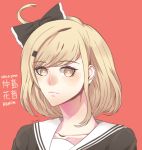  1girl ahoge artist_name blonde_hair bow character_name dangan_ronpa dangan_ronpa_1 hair_ornament hairclip jyammi nakajima_kanon portrait red_background sailor_collar simple_background solo yellow_eyes zettai_zetsubou_shoujo 