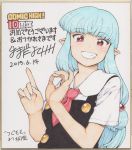  1girl bangs blue_hair blunt_bangs commentary_request grin hair_bobbles hair_ornament hamada_yoshikazu kiriha_(tsugumomo) long_hair looking_at_viewer making_of marker_(medium) pointy_ears red_eyes school_uniform shikishi smile solo traditional_media translation_request tsugumomo 