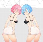  2girls alternate_costume ass ayami_(annahibi) blue_eyes blue_hair blue_ribbon blush bow breasts character_name cleavage erect_nipples eyebrows_visible_through_hair hair_ornament hair_over_one_eye hair_ribbon looking_at_viewer medium_breasts multiple_girls pink_hair ram_(re:zero) re:zero_kara_hajimeru_isekai_seikatsu red_eyes rem_(re:zero) ribbon short_hair siblings sisters skirt smile twins underwear x_hair_ornament 