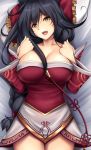  1girl :d ahri bed_sheet between_breasts black_hair blush bow braid breasts cleavage collarbone commentary cowboy_shot dakimakura detached_sleeves eyebrows_visible_through_hair facepaint frilled_bow frills from_above hair_between_breasts hair_bow hair_tie hands_on_own_chest head_tilt large_breasts league_of_legends long_hair long_sleeves looking_at_viewer looking_up lying on_back open_mouth red_bow shiny shiny_skin single_braid smile solo strapless teeth thigh_gap thighs tony_guisado very_long_hair whisker_markings yellow_eyes 