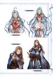  2girls absurdres armor armored_boots bare_shoulders belt blue_eyes blue_hair boots box bridal_gauntlets brown_hair cape catalina_(granblue_fantasy) closed_eyes collarbone dress earrings flower gauntlets gift gift_box granblue_fantasy hand_on_hip heart highres holding jewelry long_hair looking_at_viewer lyria_(granblue_fantasy) minaba_hideo multiple_belts multiple_girls one_eye_closed open_mouth red_eyes ribbon scan short_dress simple_background sleeveless sleeveless_dress smile sword valentine weapon white_dress 
