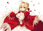  &gt;:d 1girl :d ahoge bangs blonde_hair blush breasts cleavage dress epaulettes fate/extra fate_(series) green_eyes hair_bun hair_ribbon harimoji juliet_sleeves large_breasts leotard long_sleeves looking_at_viewer open_mouth outstretched_arms petals puffy_sleeves red_dress red_ribbon ribbon saber_extra see-through short_hair_with_long_locks sidelocks simple_background smile solo white_background white_leotard 