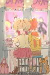  2girls abe_nana animal_hood arcade arcade_cabinet back backpack bag blonde_hair hair_ornament hair_ribbon highres hood idolmaster idolmaster_cinderella_girls multiple_girls nagiawara orange_hair ponytail precure ribbon satou_shin shoes skirt socks twintails 