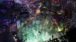  1boy 1girl chromatic_aberration city_lights cityscape facing_away fantasy highres looking_away looking_down nurie_(siniariot) onsen original scenery short_hair stairs wallpaper water 