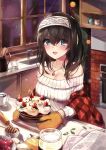  1girl bangs bare_shoulders black_hair blue_eyes blush breasts cake christmas cleavage collarbone cup eyebrows_visible_through_hair food hair_between_eyes hairband highres honey honey_dipper idolmaster idolmaster_cinderella_girls indoors jewelry jksh5056 kitchen large_breasts long_hair looking_at_viewer merry_christmas mittens necklace night off_shoulder open_mouth plaid ribbed_sweater sagisawa_fumika shawl smile solo sweater tareme teacup teeth 