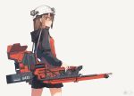  1girl astg brown_eyes brown_hair glasses helmet highres hood hoodie machine mecha_musume original personification red red-framed_eyewear short_hair skirt solo 