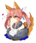  1girl animal_ears bare_shoulders blush breasts cleavage fate/extella fate/extra fate/grand_order fate_(series) fox_ears fox_tail fur_collar fur_trim graphite_(medium) heart highres huasha japanese_clothes jewelry large_breasts looking_away pink_hair sarashi smile solo tail tamamo_(fate)_(all) tamamo_no_mae_(fate) traditional_media yellow_eyes 
