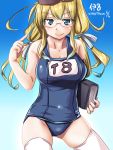  10s 1girl blonde_hair blue_eyes blue_swimsuit book cowboy_shot glasses hat i-8_(kantai_collection) kantai_collection low_twintails name_tag peaked_cap red-framed_eyewear sailor_hat school_swimsuit semi-rimless_glasses solo swimsuit tatsumi_rei thigh-highs twintails under-rim_glasses white_legwear 