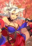  1girl alternate_costume black_legwear breasts commentary_request cosplay dark_skin fate/grand_order fate_(series) japanese_clothes kantai_collection katana kimono large_breasts long_hair looking_at_viewer miyamoto_musashi_(fate/grand_order) miyamoto_musashi_(fate/grand_order)_(cosplay) musashi_(kantai_collection) namesake pointy_hair red_eyes sakuhiko sheath sword teeth two_side_up weapon 
