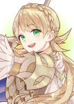  1girl blonde_hair fire_emblem fire_emblem_heroes green_eyes holding holding_weapon kiyuu looking_at_viewer sharena smile solo weapon 